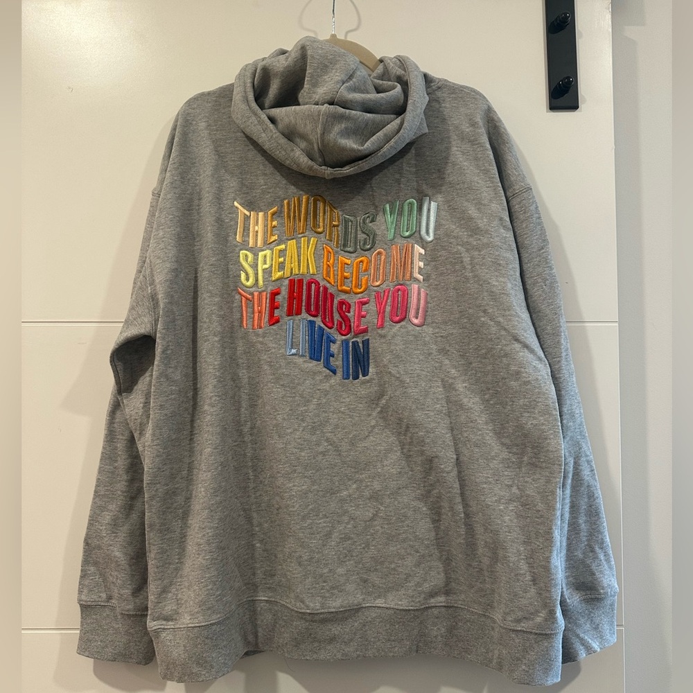 Gray Hooded Sweatshirt with Multicolor Embroidered Text